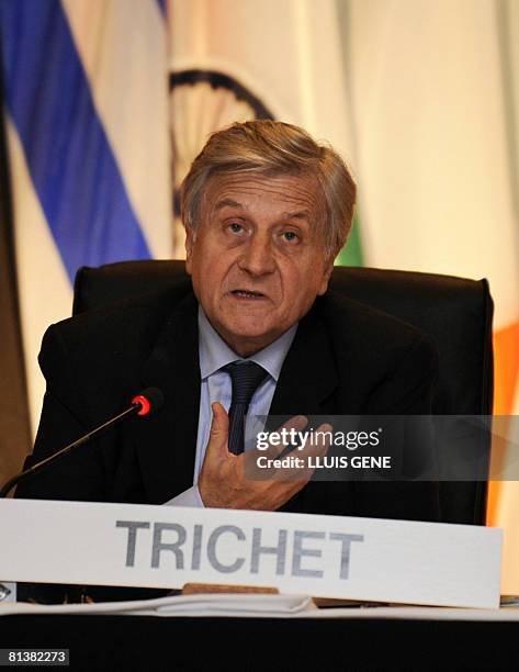 European Central Bank president Jean Claude Trichet takes part in a video conference with the Chairman of the Board of Governors of the Federal...