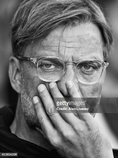 Jurgen Klopp the manager of Liverpool looks on during a pre-season friendly match between Tranmere Rovers and Liverpool at Prenton Park on July 12,...