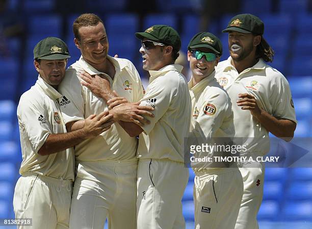 Australia bowler Stuart Clark celebrates after dismissing West Indies Xavier Marshall during the 2008 Digicel Home Series at the Sir Vivian Richards...