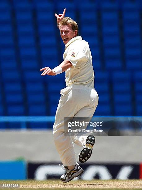 Brett Lee of Australia celebrates after dismissing Runako Morton of West Indies by LBW on day five of the Second Test match between West Indies and...