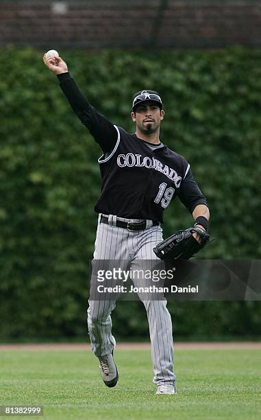 Ryan Spilborghs of the Colorado Rockies throws the ball from the outfield against the Chicago Cubs on May 30, 2008 at Wrigley Field in Chicago,...