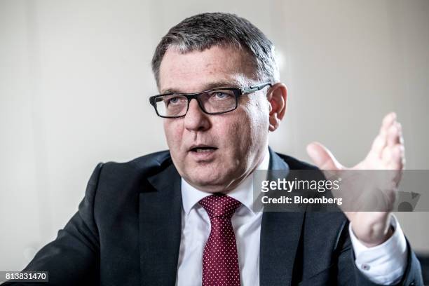 Lubomir Zaoralek, Czech foreign minister, gestures as he speaks during an interview at the Ministry of Foreign Affairs in Prague, Czech Republic, on...