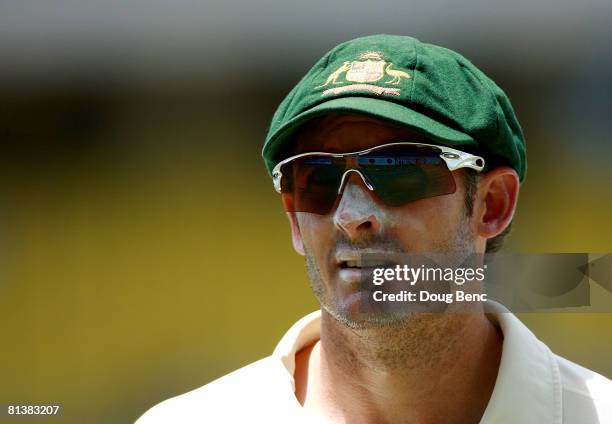 Michael Hussey of Australia walks out on the field on day five of the Second Test match between West Indies and Australia at Sir Vivian Richards...