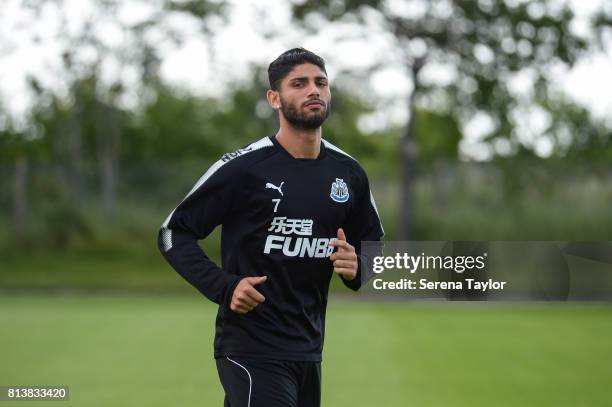 Achraf Lazaar jogs outside during the Newcastle United Training session at the Newcastle United Training Centre on July 13 in Newcastle upon Tyne,...