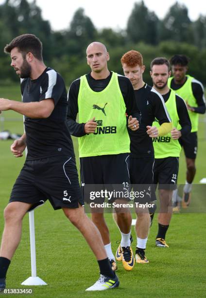 Newcastle Players seen L-R Grant Hanley. Jonjo Shelvey, Jack Colback, Adam Armstrong and Rolando Aarons warm up during the Newcastle United Training...