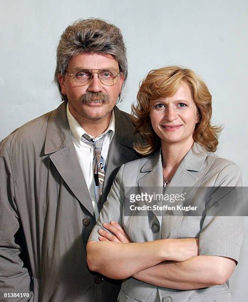 The actors Hape Kerkeling and Johanna Gastdorf pose during a photo call on June 3, 2008 in Berlin, Germany.