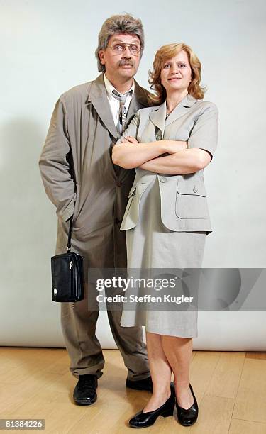 The actors Hape Kerkeling and Johanna Gastdorf pose during a photo call on June 3, 2008 in Berlin, Germany.