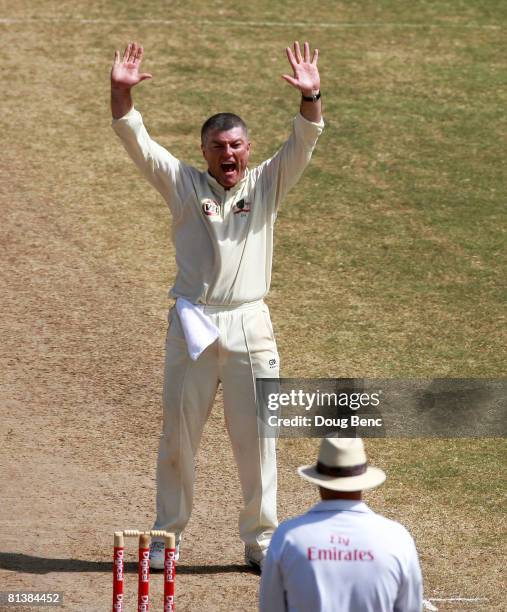 Stuart MacGill of Australia appeals to the umpire to take the wicket of Ramnaresh Sarwan of West Indies, on day five of the Second Test match between...