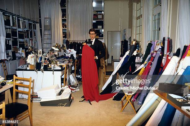 Yves Saint Laurent in his workshop in 1982, in Paris, France.