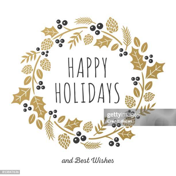 christmas card with golden wreath - pinecone stock illustrations