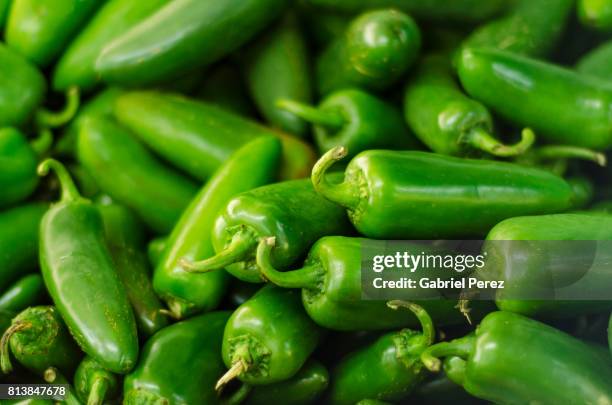 green jalapeño peppers - jalapeño stockfoto's en -beelden