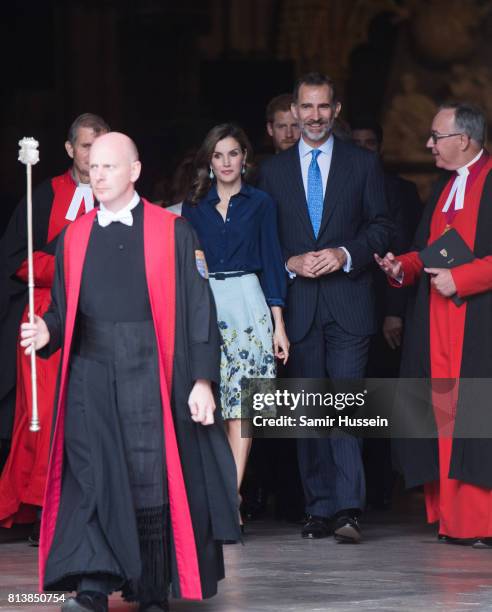 Queen Letizia of Spain and King Felipe VI of Spain depart Westminster Abbey during a State visit by the King and Queen of Spain on July 13, 2017 in...