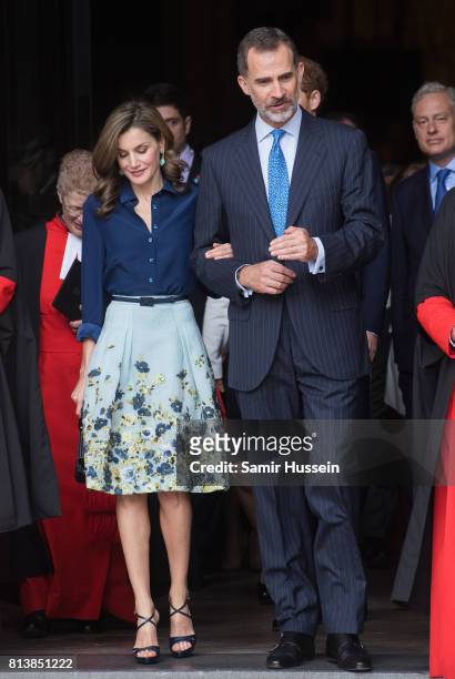 Queen Letizia of Spain and King Felipe VI of Spain depart Westminster Abbey during a State visit by the King and Queen of Spain on July 13, 2017 in...