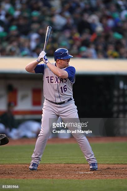 Chris Shelton of the Texas Rangers bats during the game against the Oakland Athletics at the McAfee Coliseum in Oakland, California on May 3, 2008....