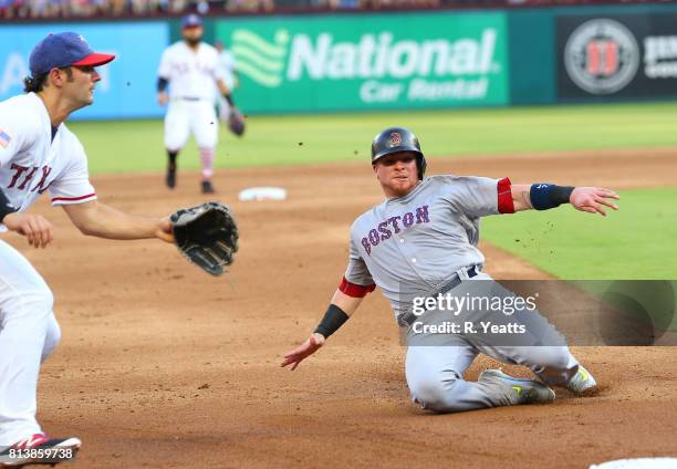 Pete Kozma of the Texas Rangers misses the tag in the second inning on Christian Vazquez of the Boston Red Sox at Globe Life Park in Arlington on...