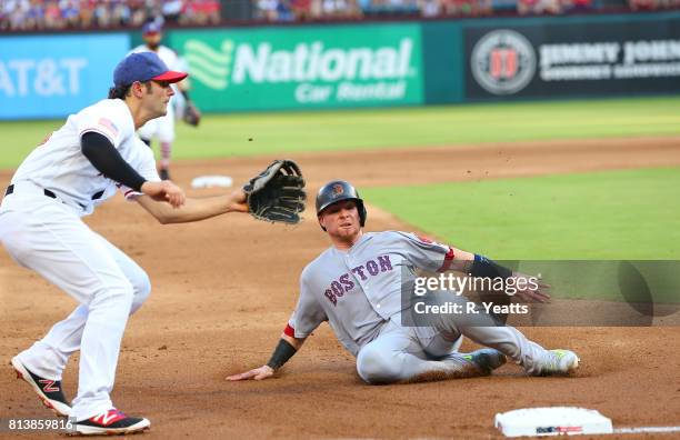 Pete Kozma of the Texas Rangers misses the tag in the second inning on Christian Vazquez of the Boston Red Sox at Globe Life Park in Arlington on...