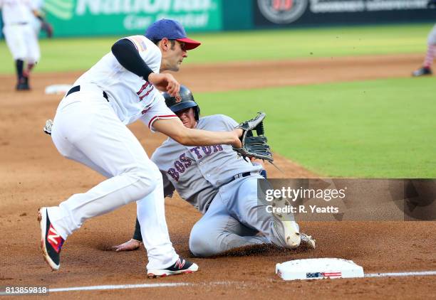 Pete Kozma of the Texas Rangers misses the tag in the second inning on Christian Vazquez of the Boston Red Sox at Globe Life Park in Arlington on...