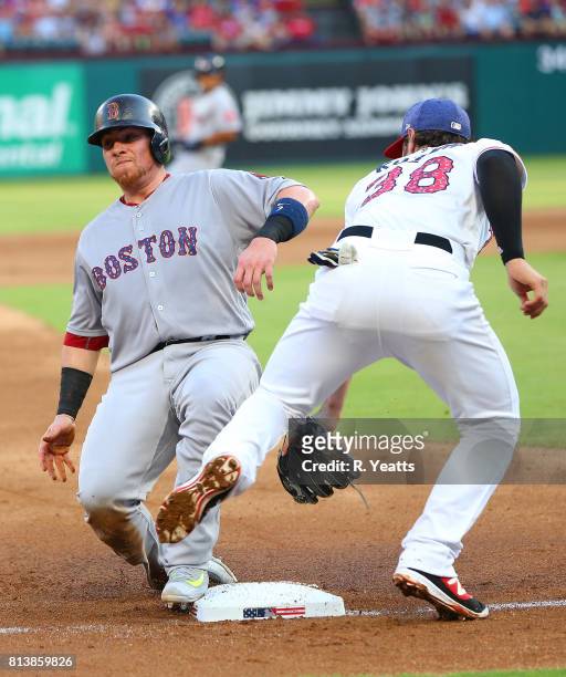 Pete Kozma of the Texas Rangers misses the tag in the second inning on Christian Vazquez of the Boston Red Sox at Globe Life Park in Arlington on...