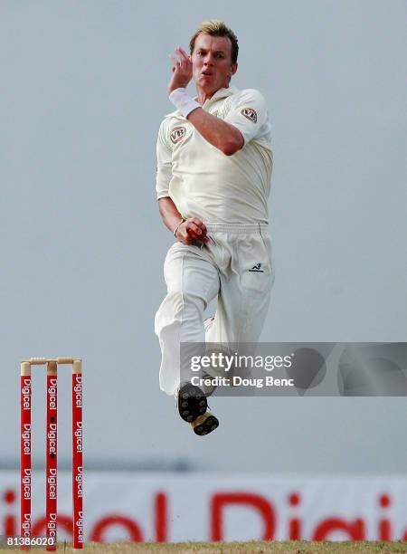 Brett Lee of Australia bowls on day five of the Second Test match between West Indies and Australia at Sir Vivian Richards Stadium on June 3, 2008 in...