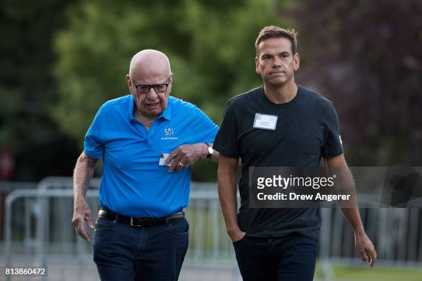 Rupert Murdoch, executive chairman of News Corp and chairman of Fox News, and Lachlan Murdoch, co-chairman of 21st Century Fox, walk together as they...