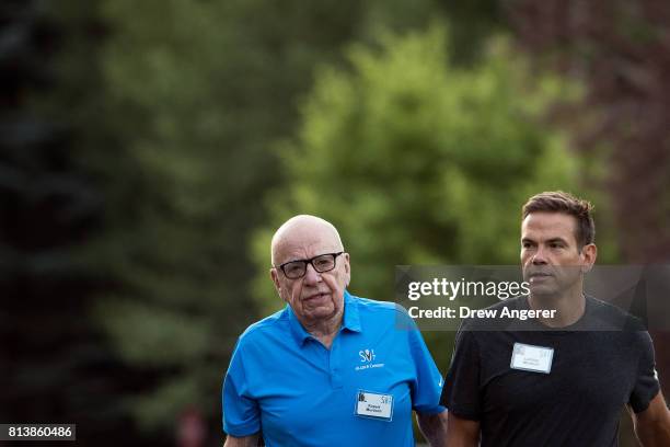 Rupert Murdoch, executive chairman of News Corp and chairman of Fox News, and Lachlan Murdoch, co-chairman of 21st Century Fox, walk together as they...