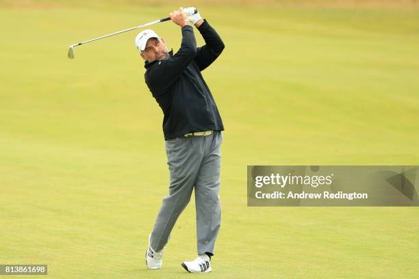 Hennie Otto of South Africa hits his second shot on the 1st hole during day one of the AAM Scottish Open at Dundonald Links Golf Course on July 13,...