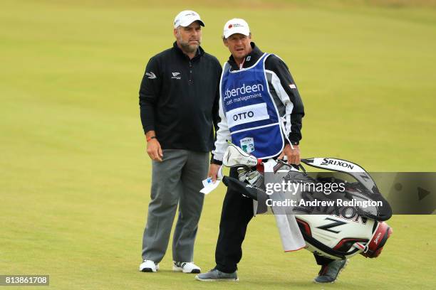 Hennie Otto of South Africa looks down the 1st hole during day one of the AAM Scottish Open at Dundonald Links Golf Course on July 13, 2017 in Troon,...
