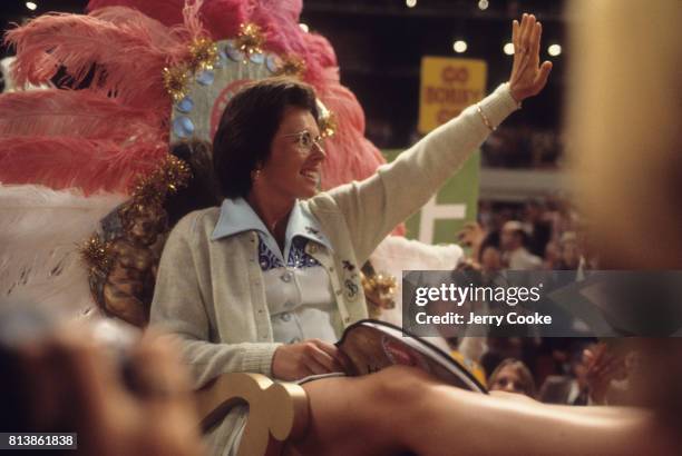 Battle of the Sexes II: Billie Jean King arriving on court via float before match vs Bobby Riggs at Astrodome. Houston, TX 9/20/1973 CREDIT: Jerry...