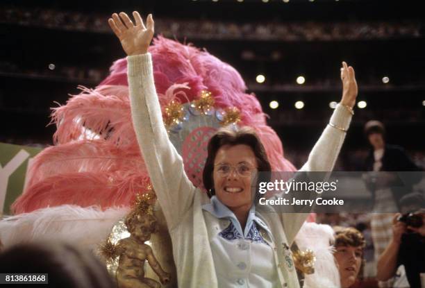 Battle of the Sexes II: Billie Jean King arriving on court via float before match vs Bobby Riggs at Astrodome. Houston, TX 9/20/1973 CREDIT: Jerry...