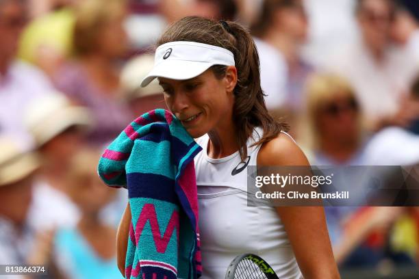 Johanna Konta of Great Britain reacts during the Ladies Singles semi final match against Venus Williams of The United States on day ten of the...