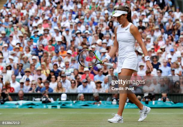 Johanna Konta of Great Britain looks thoughtful during the Ladies Singles semi final match against Venus Williams of The United States on day ten of...