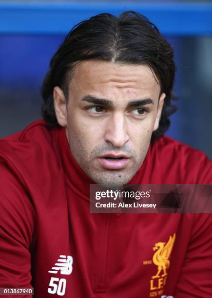 Lazar Markovic of Liverpool looks on from the bench during a pre-season friendly match between Tranmere Rovers and Liverpool at Prenton Park on July...