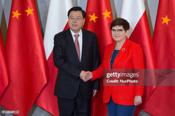 Prime Minister of Poland Beata Szydlo and Chairman of the Standing Committee of the National People's Congress Zhang Dejiang at Chancellery of the...