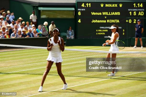 Venus Williams of The United States victory during the Ladies Singles semi final match against Johanna Konta of Great Britain on day ten of the...