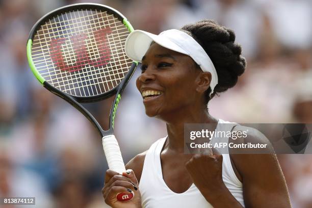 Player Venus Williams celebrates beating Britain's Johanna Konta during their women's singles semi-final match on the tenth day of the 2017 Wimbledon...