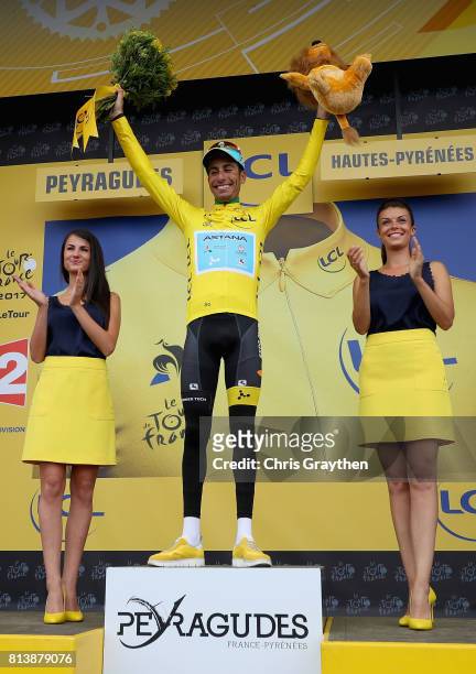 Fabio Aru of Italy riding for Astana Pro Team celebrates winning the yellow jersey after stage 12 of the Le Tour de France 2017, a 214.5km stage from...