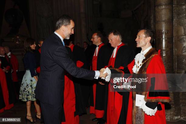 King Felipe of Spain is greeted by members of the clergy during a State visit by the King and Queen of Spain at Westminster Abbey on July 13, 2017 in...