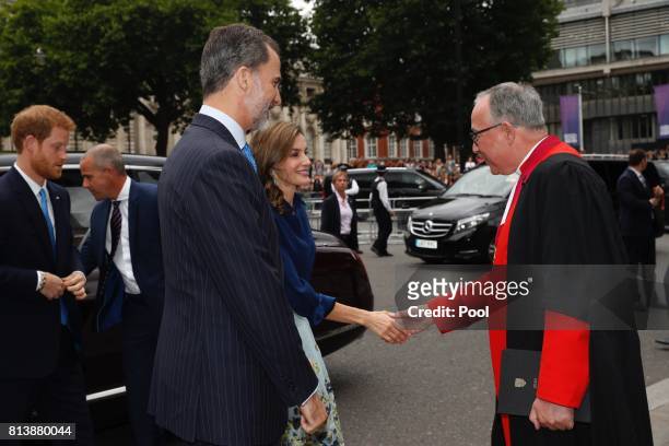 Queen Letizia of Spain and King Felipe of Spain are greeted by Dean of Westminster Dr John Hall during a State visit by the King and Queen of Spain...