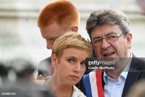 La France Insoumise leftist party's parliamentary group president Jean-Luc Melenchon and Clementine Autain attend a demonstration against the French...