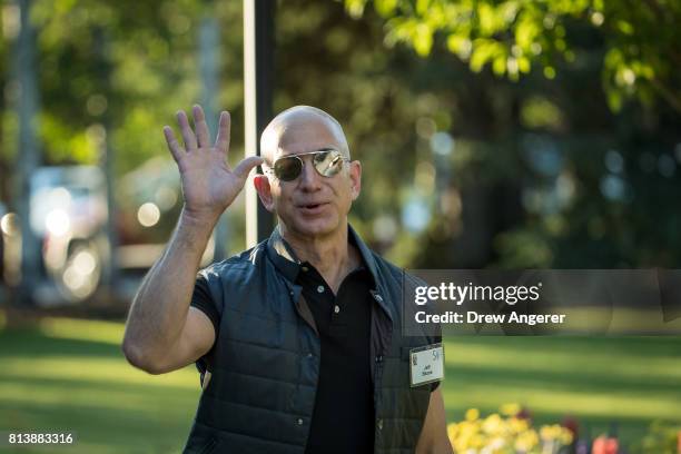 Jeff Bezos, chief executive officer of Amazon, arrives for the third day of the annual Allen & Company Sun Valley Conference, July 13, 2017 in Sun...