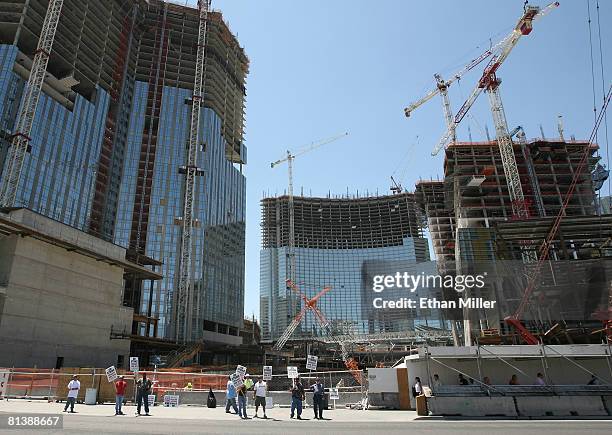 Construction workers protest in front of the construction site for CityCenter June 3, 2008 in Las Vegas, Nevada. Workers walked off the job late...