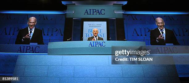 Israeli Prime Minister Ehud Olmert addresses the American Israel Public Affairs Committee on June 3, 2008 in Washington, DC. This is AIPAC's largest...