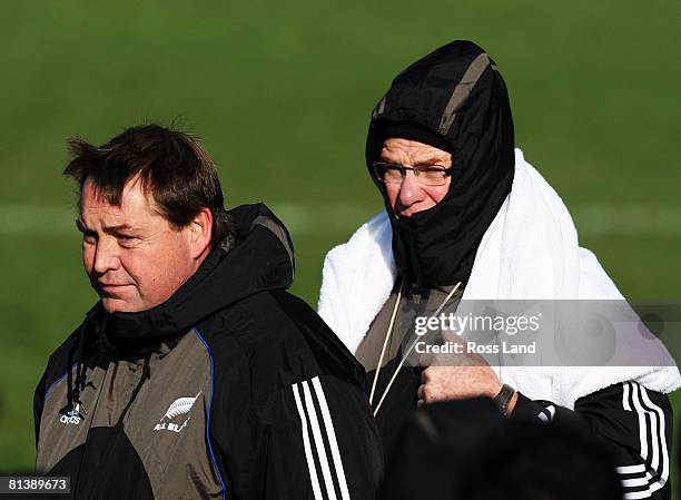 Forwards coach Steve Hansen and scrum coach Mike Cron look on during a New Zealand All Blacks training session at Rugby League Park on June 4, 2008...