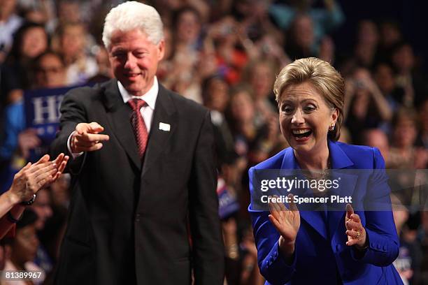 Democratic presidential candidate Hillary Clinton and her husband, former President Bill Clinton, greet supporters June 3, 2008 in New York City....