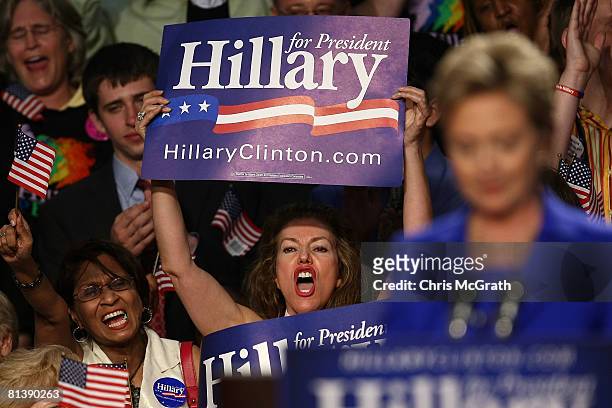 Supporters yell and scream as Democratic presidential hopeful U.S. Sen. Hillary Clinton speaks at Baruch College June 3, 2008 in New York City....