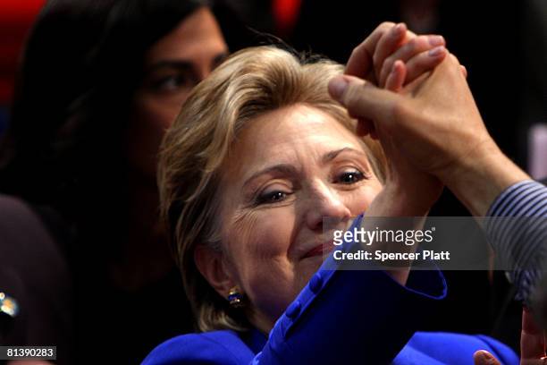 Democratic presidential nominee Hillary Clinton greets supporters at Baruch College June 3, 2008 in New York City. The senator from New York spoke to...
