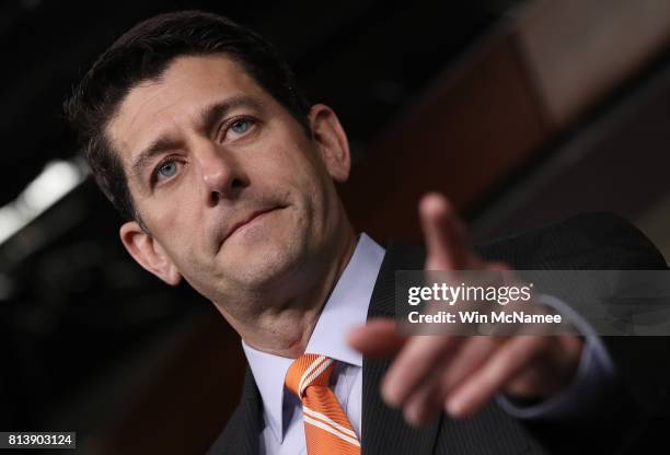 Speaker of the House Paul Ryan answers questions during his weekly press conference at the U.S. Capitol July 13, 2017 in Washington, DC. Ryan...