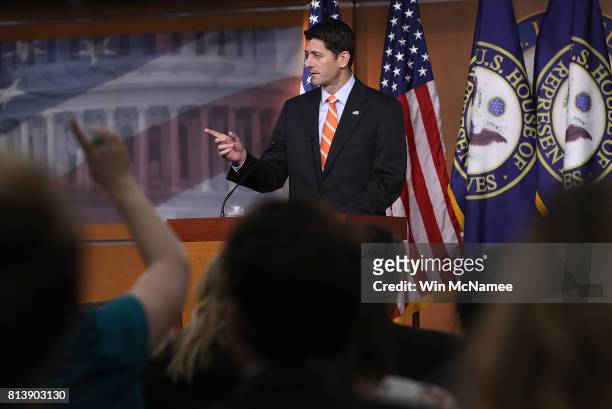 Speaker of the House Paul Ryan answers questions during his weekly press conference at the U.S. Capitol July 13, 2017 in Washington, DC. Ryan...