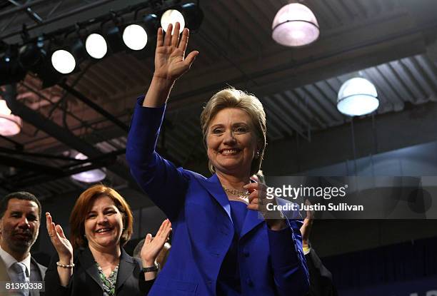 Democratic presidential hopeful Hillary Clinton greets supporters at the final primary night party June 3, 2008 at Baruch College in New York City....