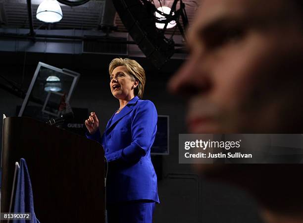 Democratic presidential hopeful Hillary Clinton speaks to supporters at the final primary night party June 3, 2008 at Baruch College in New York...